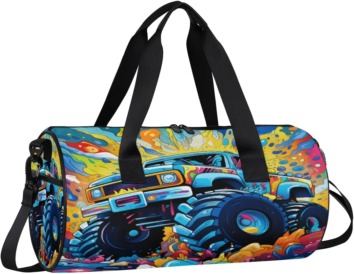 TropicalLife Watercolor Monster Truck Sports Gym Duffle Bag for Women Men, Carry On Weekend Travel Overnight Bag Foldable Waterproof Hospital Holdalls Tote Bag