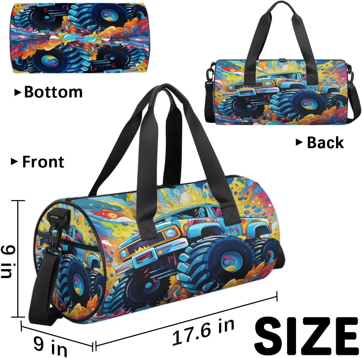 TropicalLife Watercolor Monster Truck Sports Gym Duffle Bag for Women Men, Carry On Weekend Travel Overnight Bag Foldable Waterproof Hospital Holdalls Tote Bag