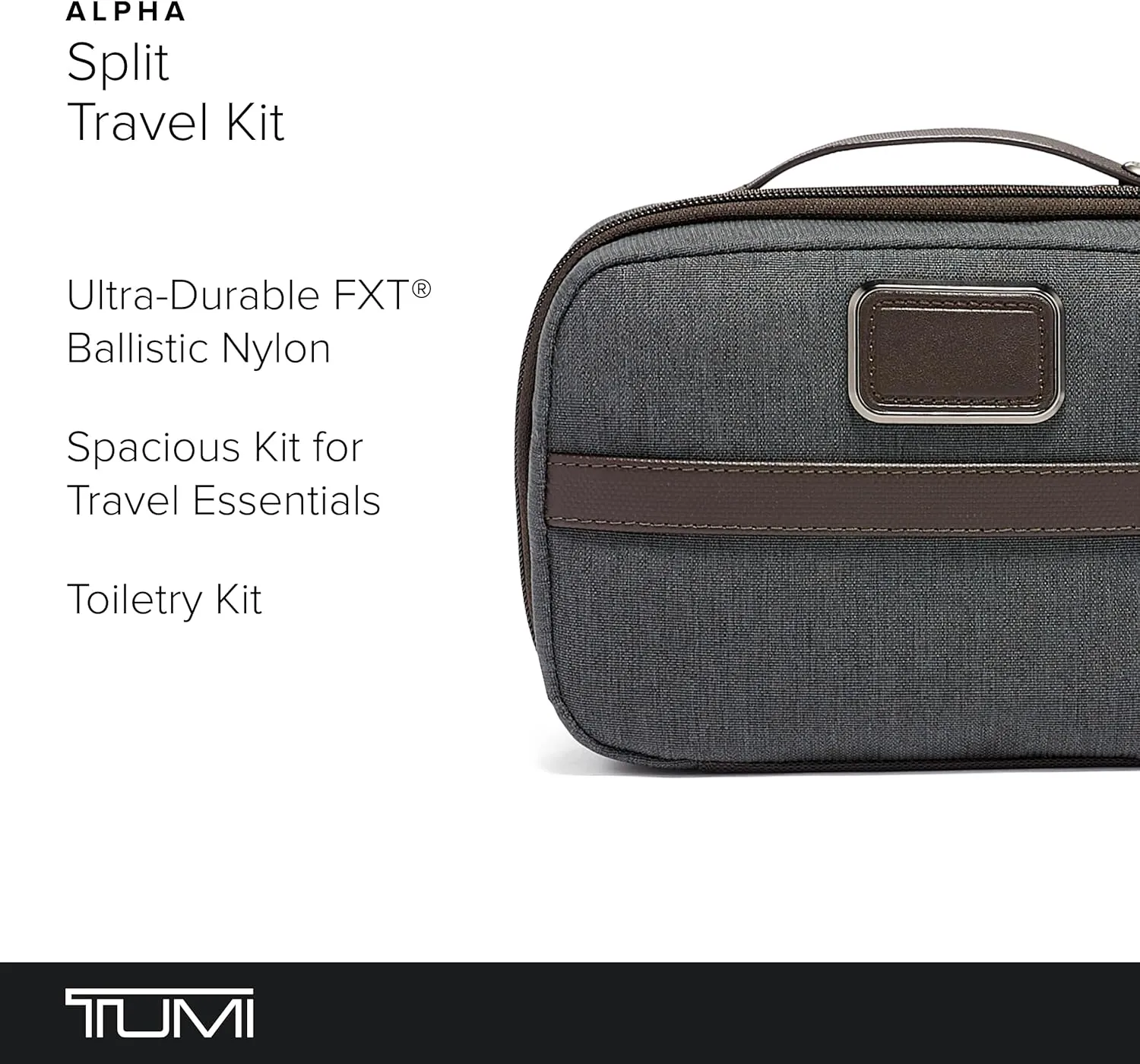 TUMI Alpha Split Travel Kit - Compact Toiletry Bag for Men & Women - Features Removable Leather Handle & 3 Zip Pockets