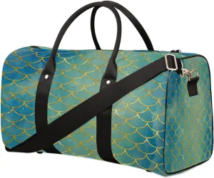 Turquoise Gold Fish Scale Travel Duffel Bag Sport Gym Fish Scale Duffle Bag Weekender Overnight Tote Bag Foldable Carry on Bag Training Shoulder Bag for Women Men