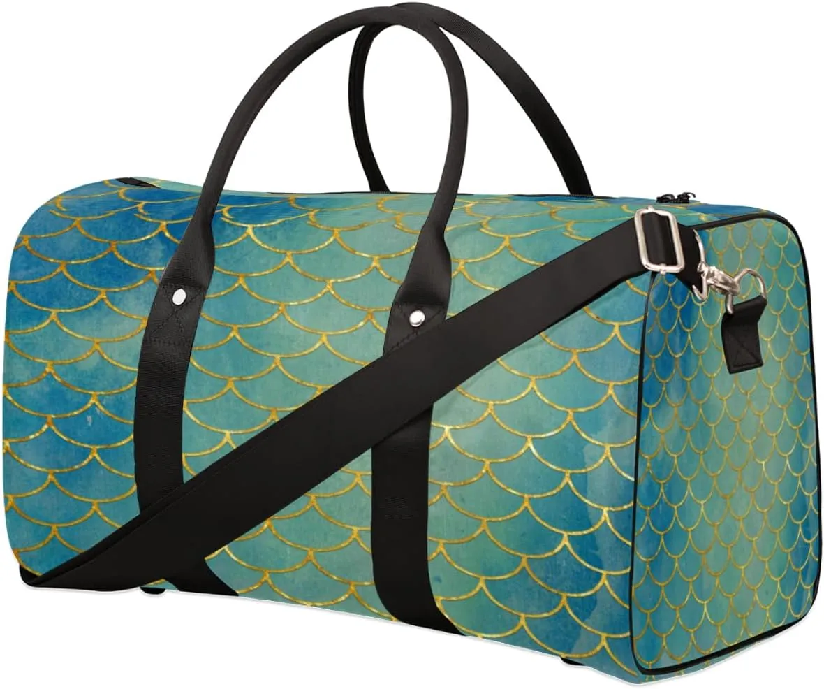 Turquoise Gold Fish Scale Travel Duffel Bag Sport Gym Fish Scale Duffle Bag Weekender Overnight Tote Bag Foldable Carry on Bag Training Shoulder Bag for Women Men