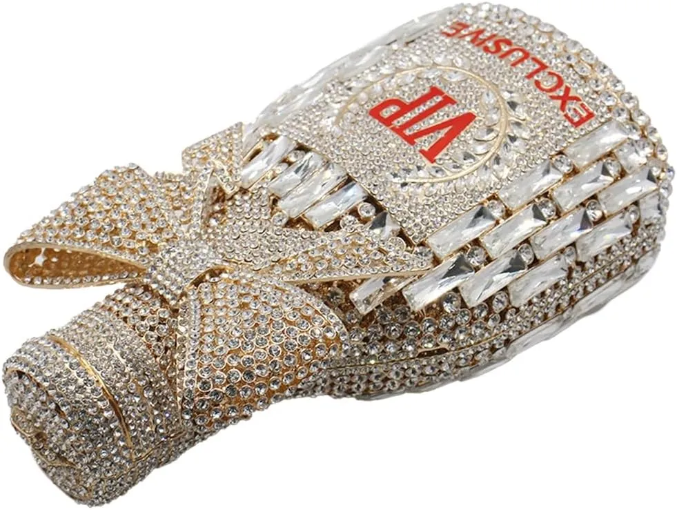UMREN Women Champagne Bottle Rhinestone Evening Bag Sweet Bow Crystal Purse Clutch Unique Handbag Cocktail Party Shoulder Bag