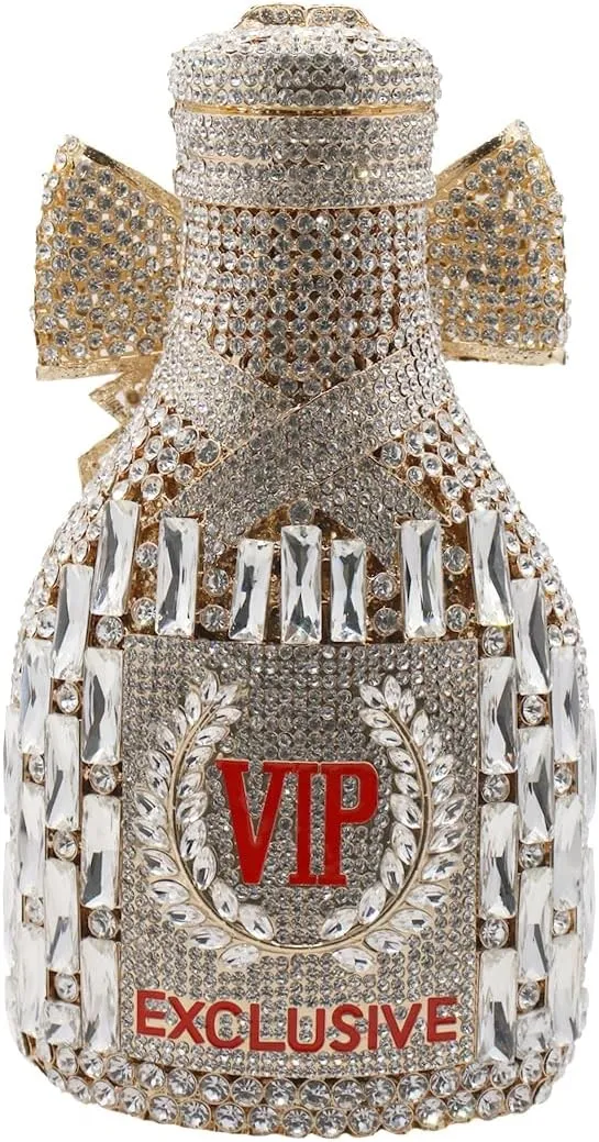 UMREN Women Champagne Bottle Rhinestone Evening Bag Sweet Bow Crystal Purse Clutch Unique Handbag Cocktail Party Shoulder Bag