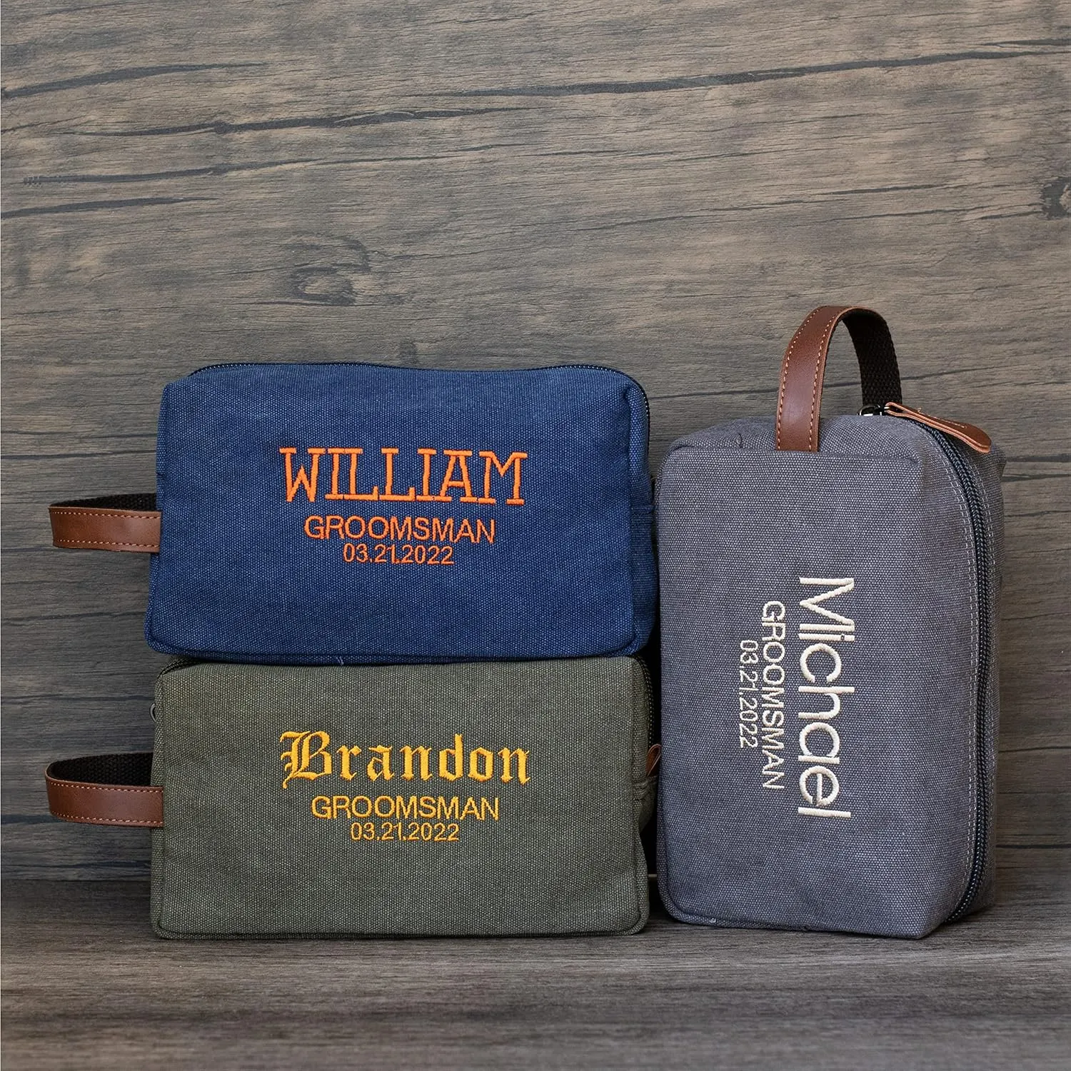 UNITED CRAFT SUPPLIES Groomsmen Gifts Set of 3, Embroidered - Personalized Toiletry Bags w/Name & Title, Travel Toiletry Bag for Men, 8 Thread Colors, Groomsmen Proposal - Green