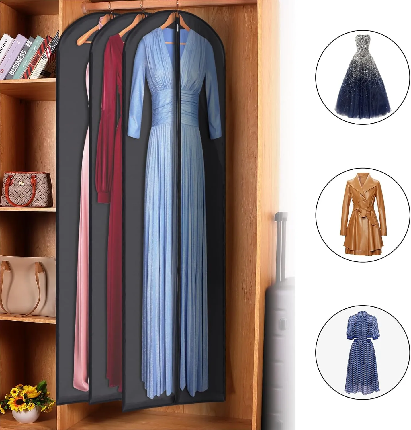 Univivi Dress Bags for Gowns, 65" Long Garment Bags for Hanging Clothes, Clear Garment Cover for Long Dresses, 4-Pack