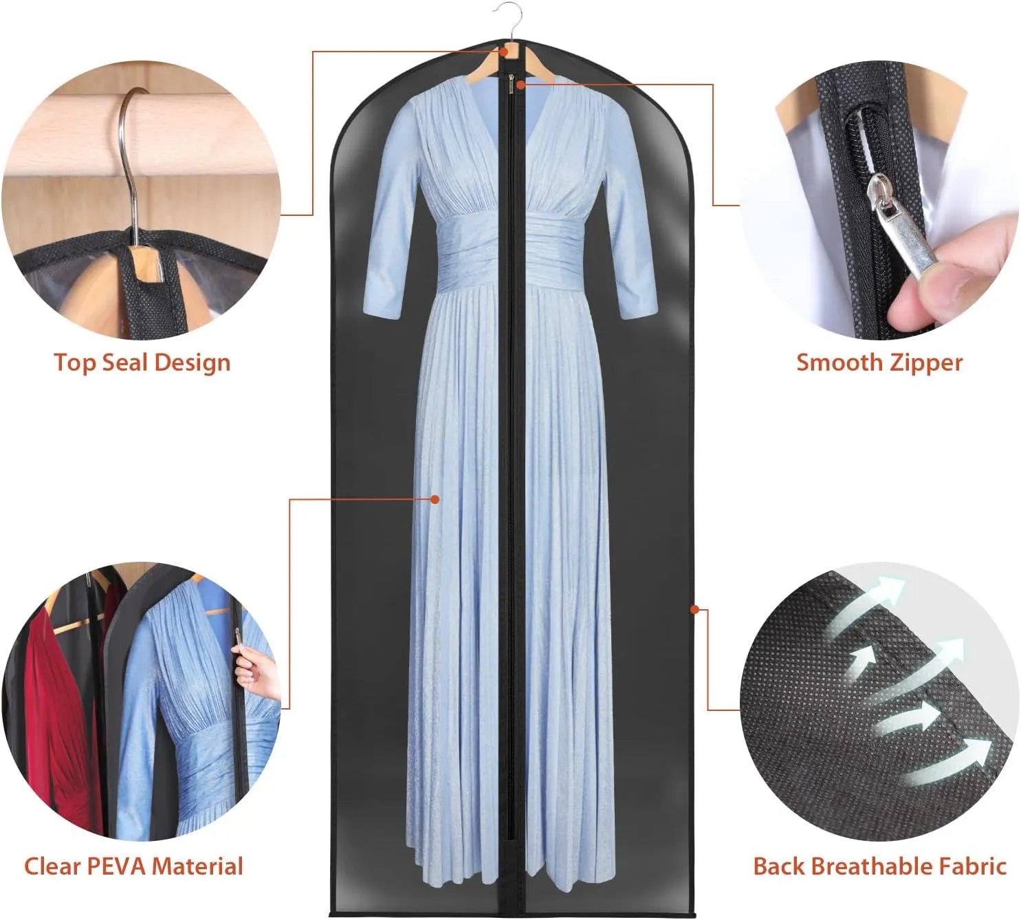 Univivi Dress Bags for Gowns, 65" Long Garment Bags for Hanging Clothes, Clear Garment Cover for Long Dresses, 4-Pack