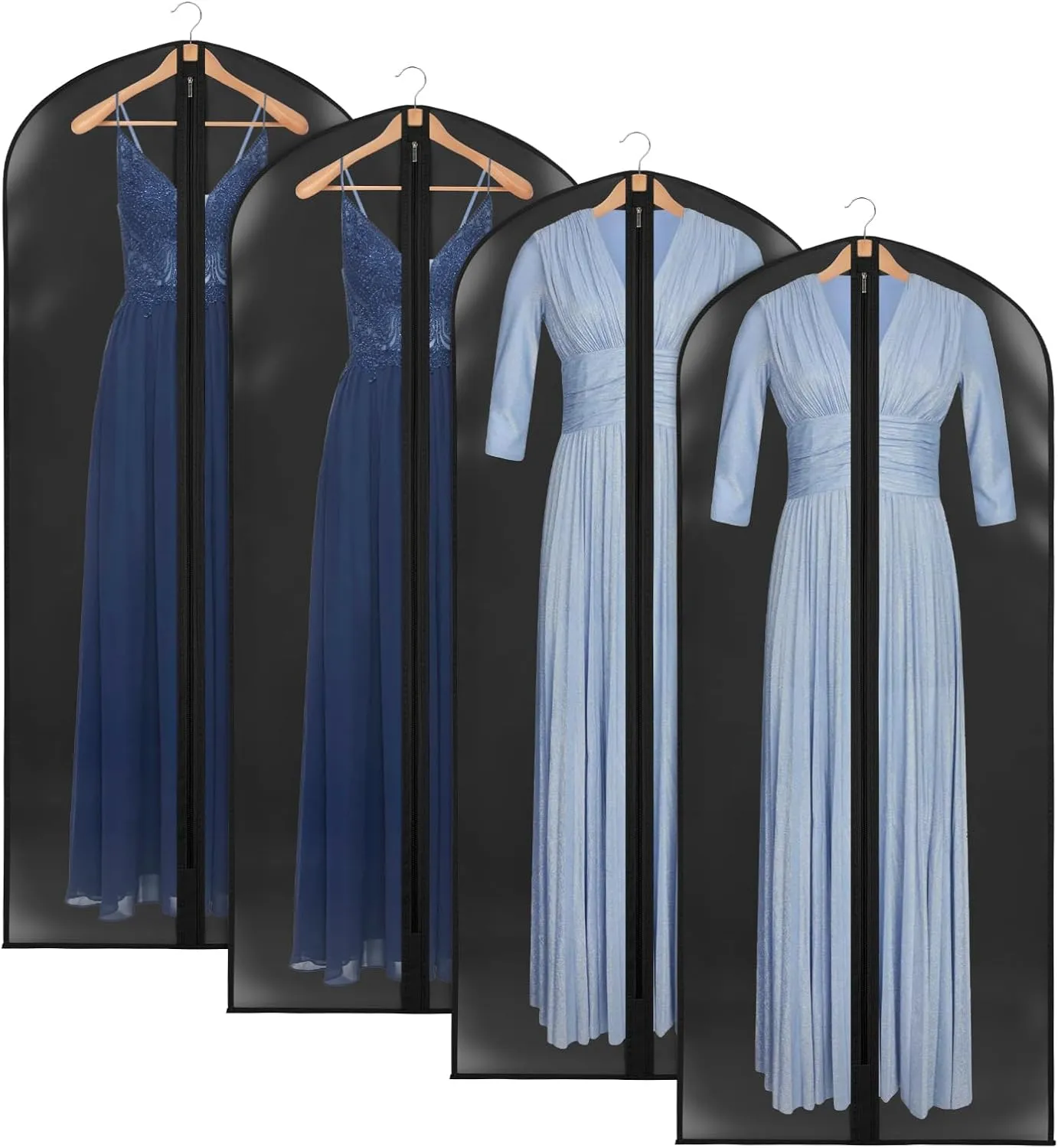 Univivi Dress Bags for Gowns, 65" Long Garment Bags for Hanging Clothes, Clear Garment Cover for Long Dresses, 4-Pack