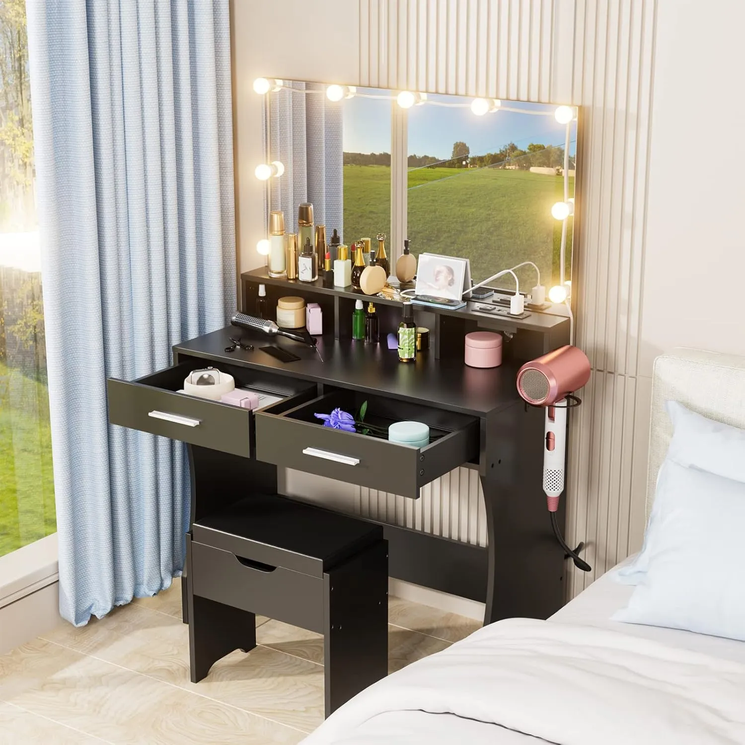 Vabches Makeup Vanity with Lighted Mirror & Power Outlet, Makeup Table Vanity Set with 3 Lighting Colors, Brightness Adjustable