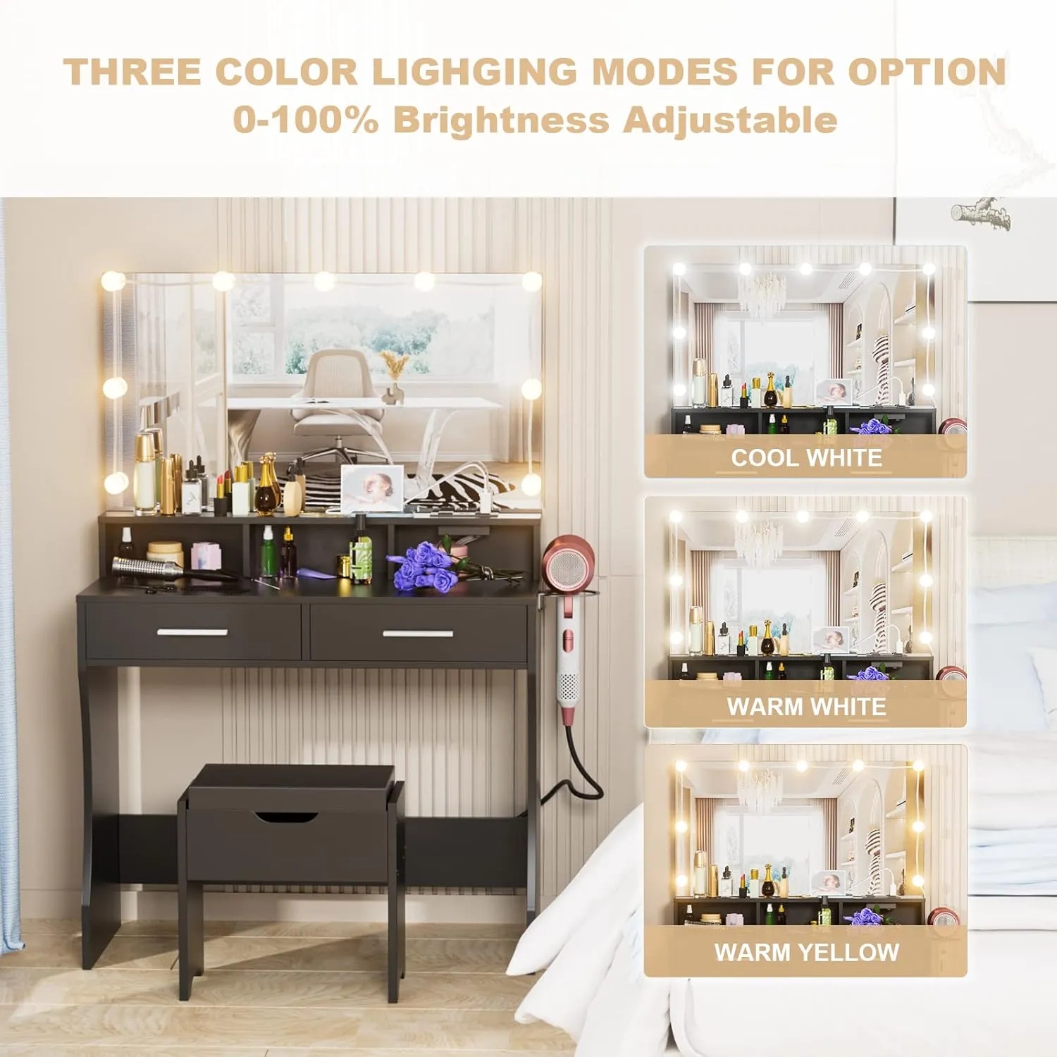Vabches Makeup Vanity with Lighted Mirror & Power Outlet, Makeup Table Vanity Set with 3 Lighting Colors, Brightness Adjustable