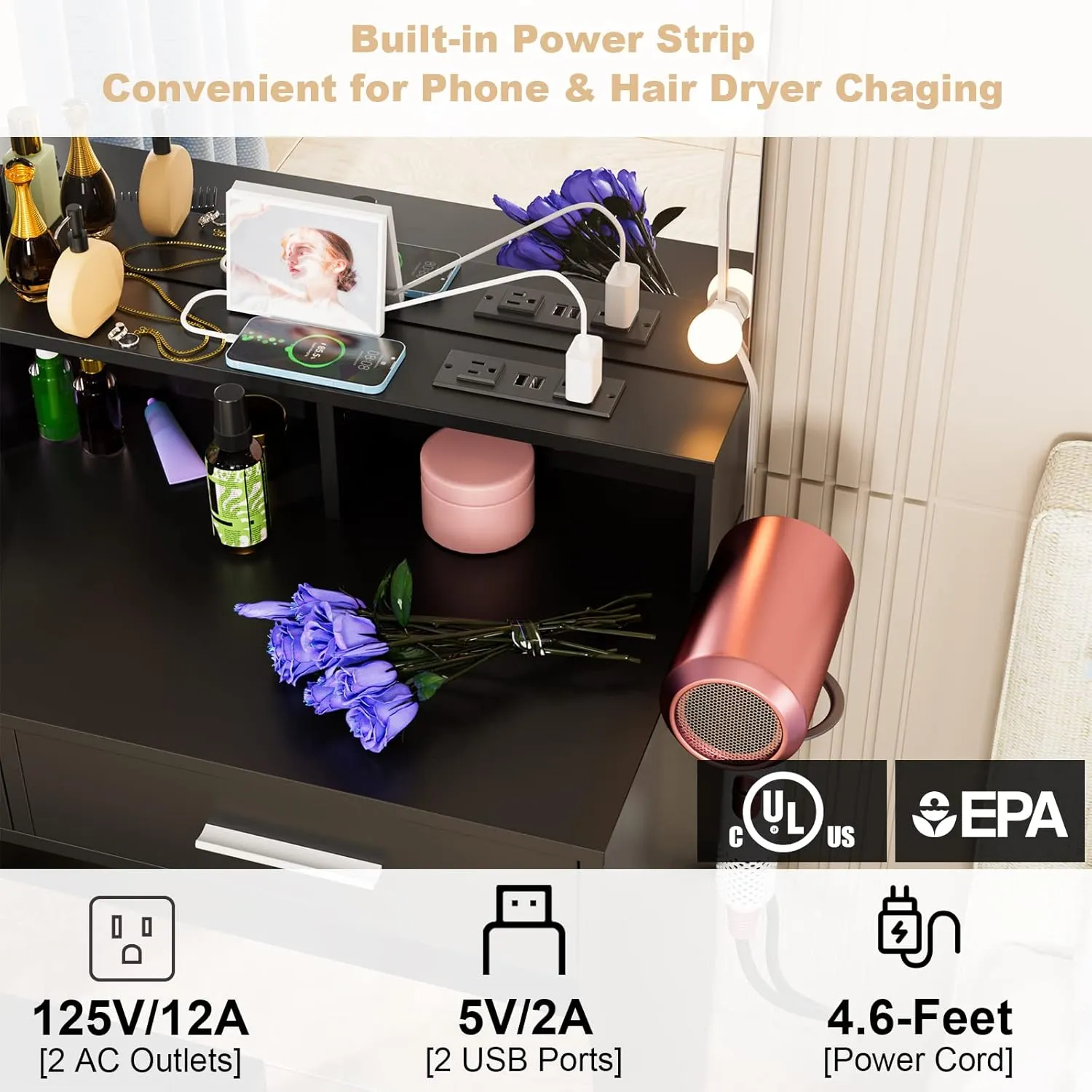 Vabches Makeup Vanity with Lighted Mirror & Power Outlet, Makeup Table Vanity Set with 3 Lighting Colors, Brightness Adjustable