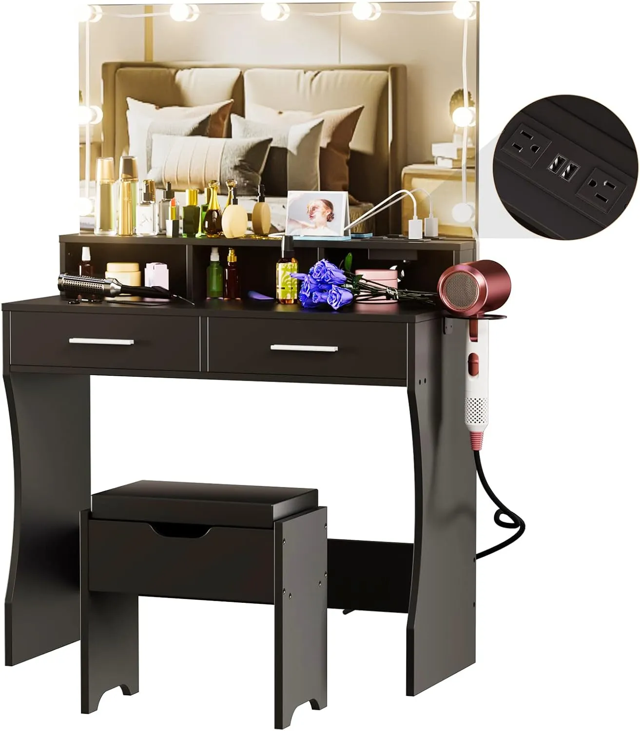 Vabches Makeup Vanity with Lighted Mirror & Power Outlet, Makeup Table Vanity Set with 3 Lighting Colors, Brightness Adjustable