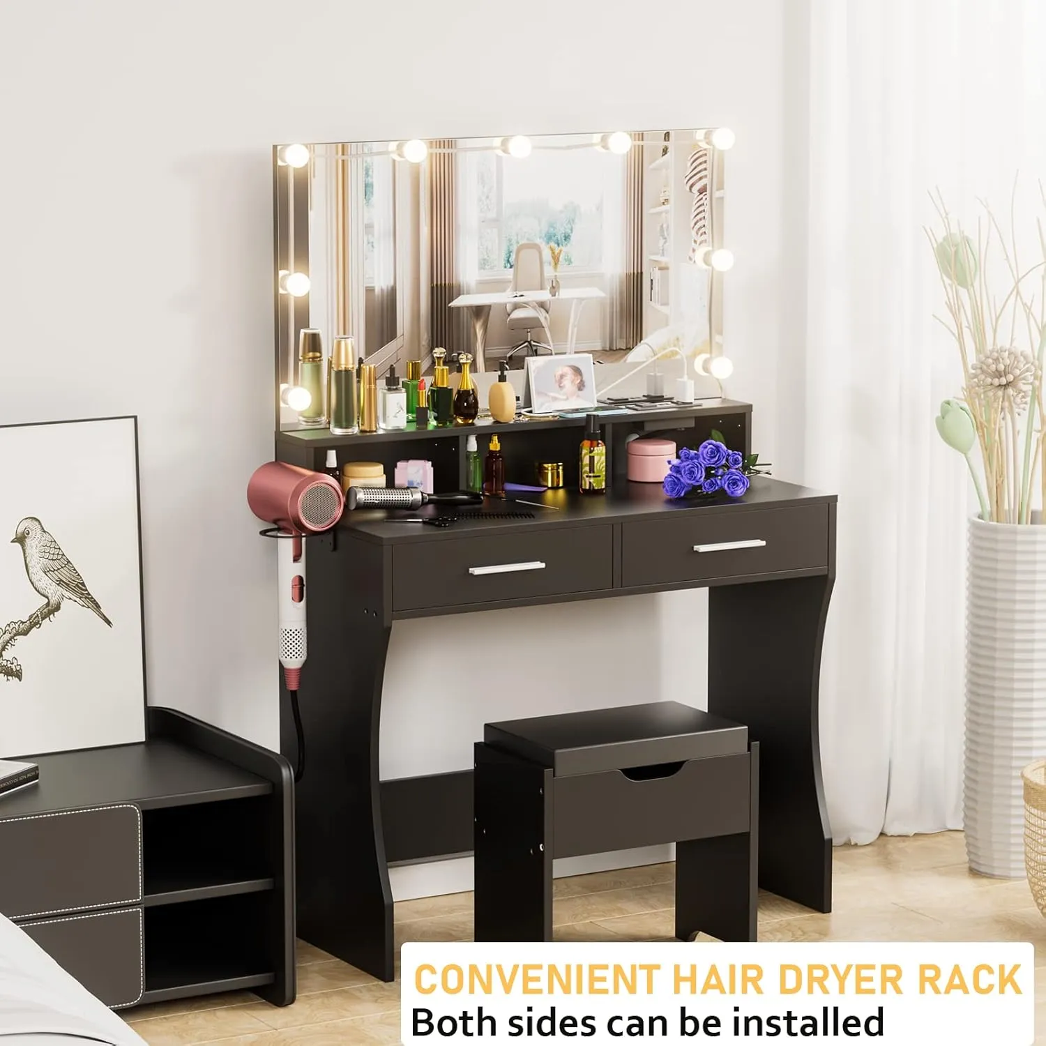 Vabches Makeup Vanity with Lighted Mirror & Power Outlet, Makeup Table Vanity Set with 3 Lighting Colors, Brightness Adjustable