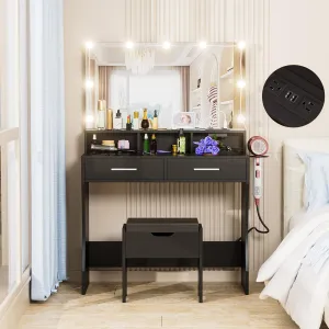 Vabches Makeup Vanity with Lighted Mirror & Power Outlet, Makeup Table Vanity Set with 3 Lighting Colors, Brightness Adjustable