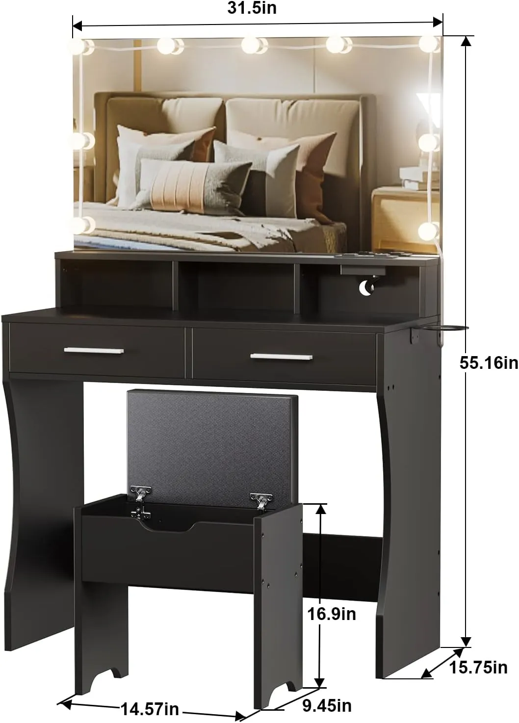 Vabches Makeup Vanity with Lighted Mirror & Power Outlet, Makeup Table Vanity Set with 3 Lighting Colors, Brightness Adjustable