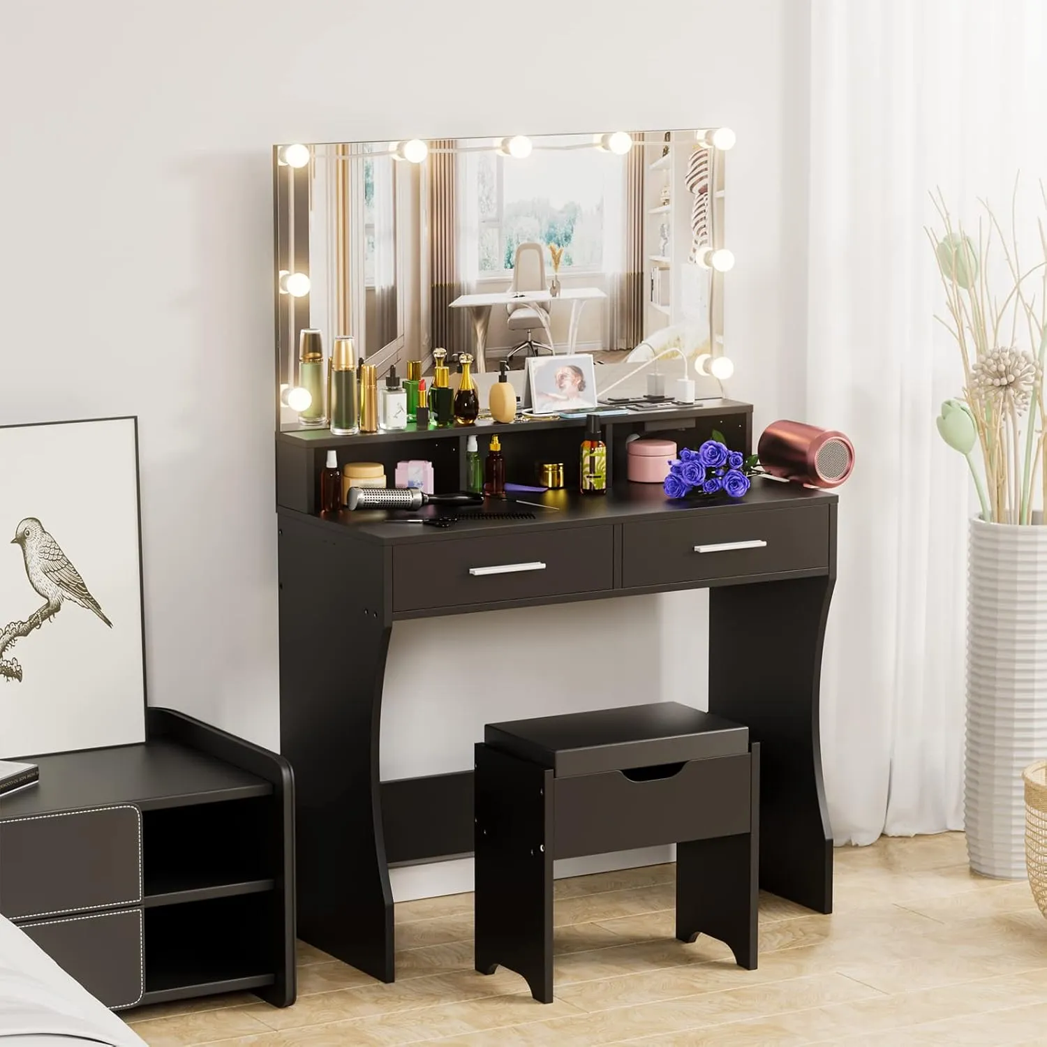 Vabches Makeup Vanity with Lighted Mirror & Power Outlet, Makeup Table Vanity Set with 3 Lighting Colors, Brightness Adjustable