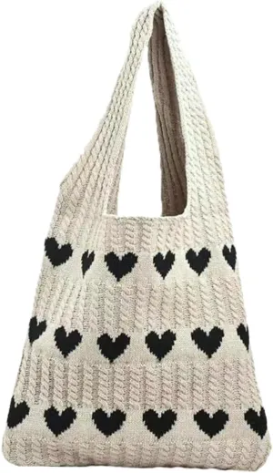 VALICLUD Small Knitted Beach Bag Heart Tote for Women Aesthetic and Fashionable Shoulder Bag
