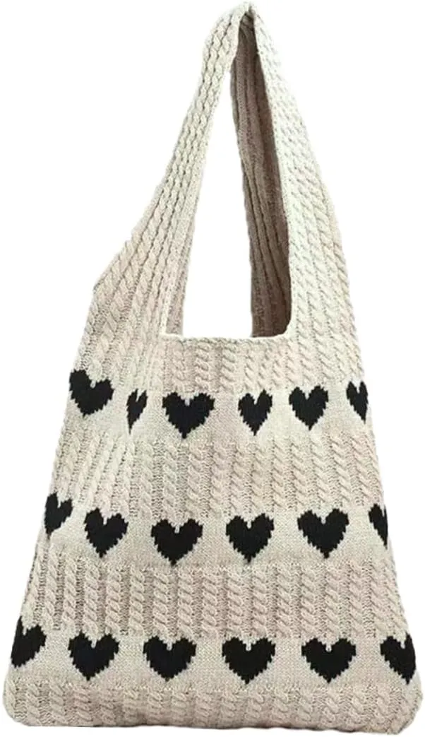VALICLUD Small Knitted Beach Bag Heart Tote for Women Aesthetic and Fashionable Shoulder Bag