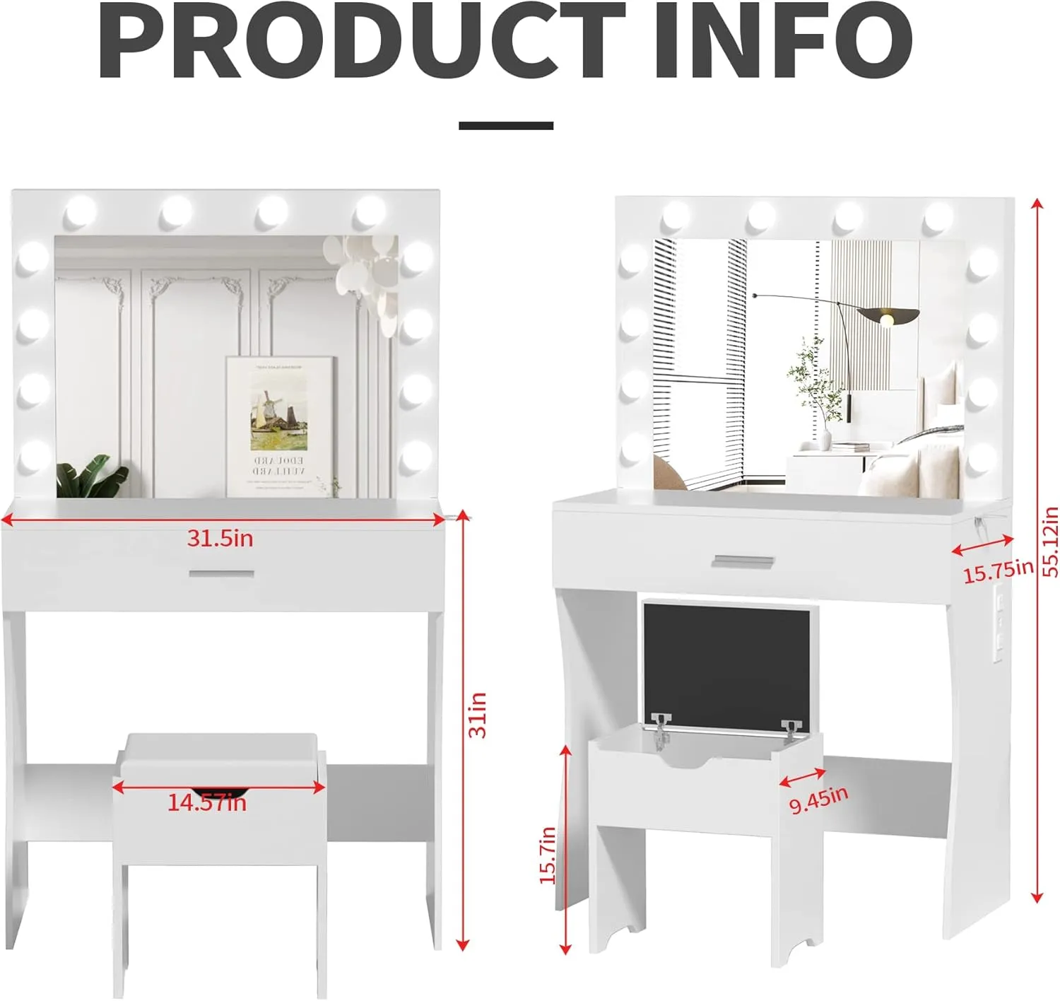 Vanity Table Set with Lighted Mirror - Makeup Vanity with Charging Station, Large Drawer Sturdy Wood Vanity with Lights, 3 Color Modes, Adjustable Brightness, White