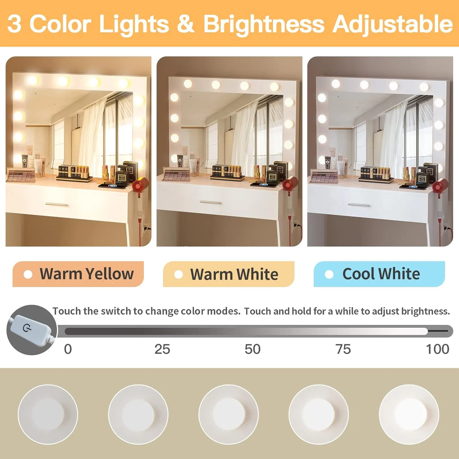 Vanity Table Set with Lighted Mirror - Makeup Vanity with Charging Station, Large Drawer Sturdy Wood Vanity with Lights, 3 Color Modes, Adjustable Brightness, White