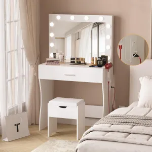 Vanity Table Set with Lighted Mirror - Makeup Vanity with Charging Station, Large Drawer Sturdy Wood Vanity with Lights, 3 Color Modes, Adjustable Brightness, White