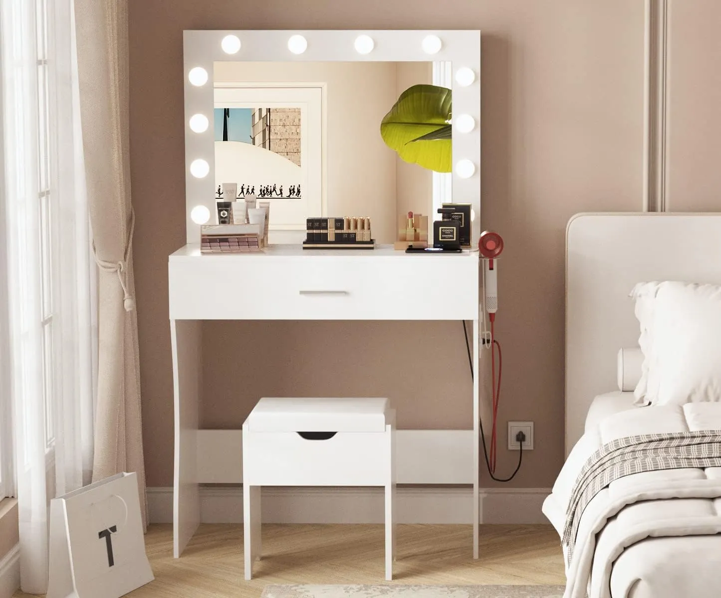 Vanity Table Set with Lighted Mirror - Makeup Vanity with Charging Station, Large Drawer Sturdy Wood Vanity with Lights, 3 Color Modes, Adjustable Brightness, White