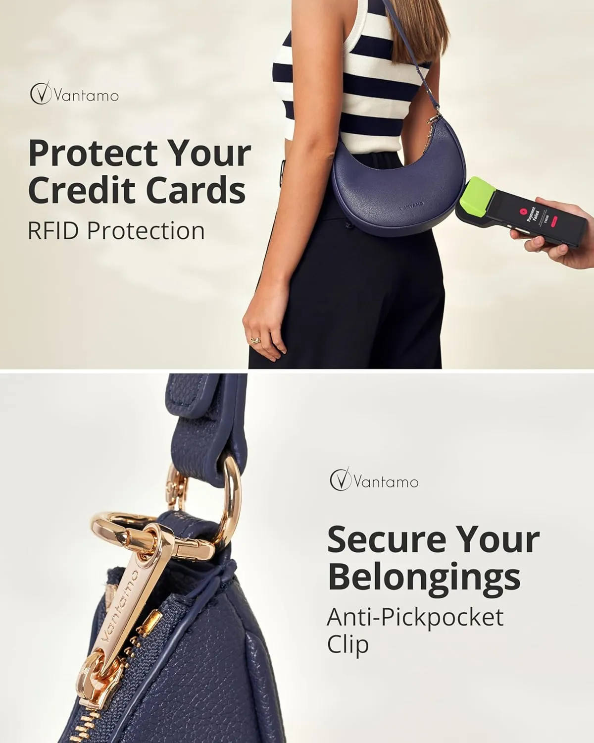 Vantamo Crescent Bags For Women with RFID Protection, Half Moon Clutch Purses for Women with Anti-Theft Clip for Extra Safety