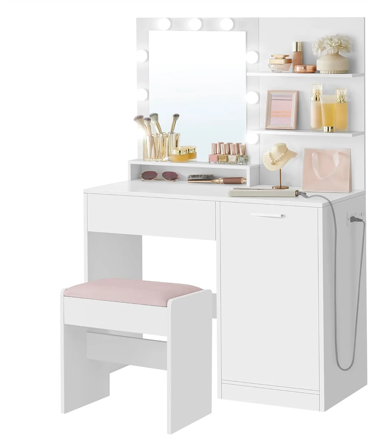 VASAGLE Vanity Desk with Mirror and Lights, 35.4-Inch Wide Makeup Vanity with Upholstered Vanity Stool, Power Outlets, Dimmable LED Lights, Storage Drawer, for Bedroom, Cloud White URDT128W01