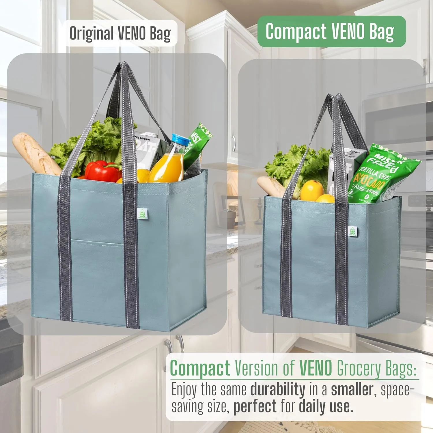 VENO 4 Pack Reusable Grocery Bags Shopping Bags, Medium Tote Bag w/Handle & Hard Bottom, Heavy Duty, Foldable Bag Carrier - Blue