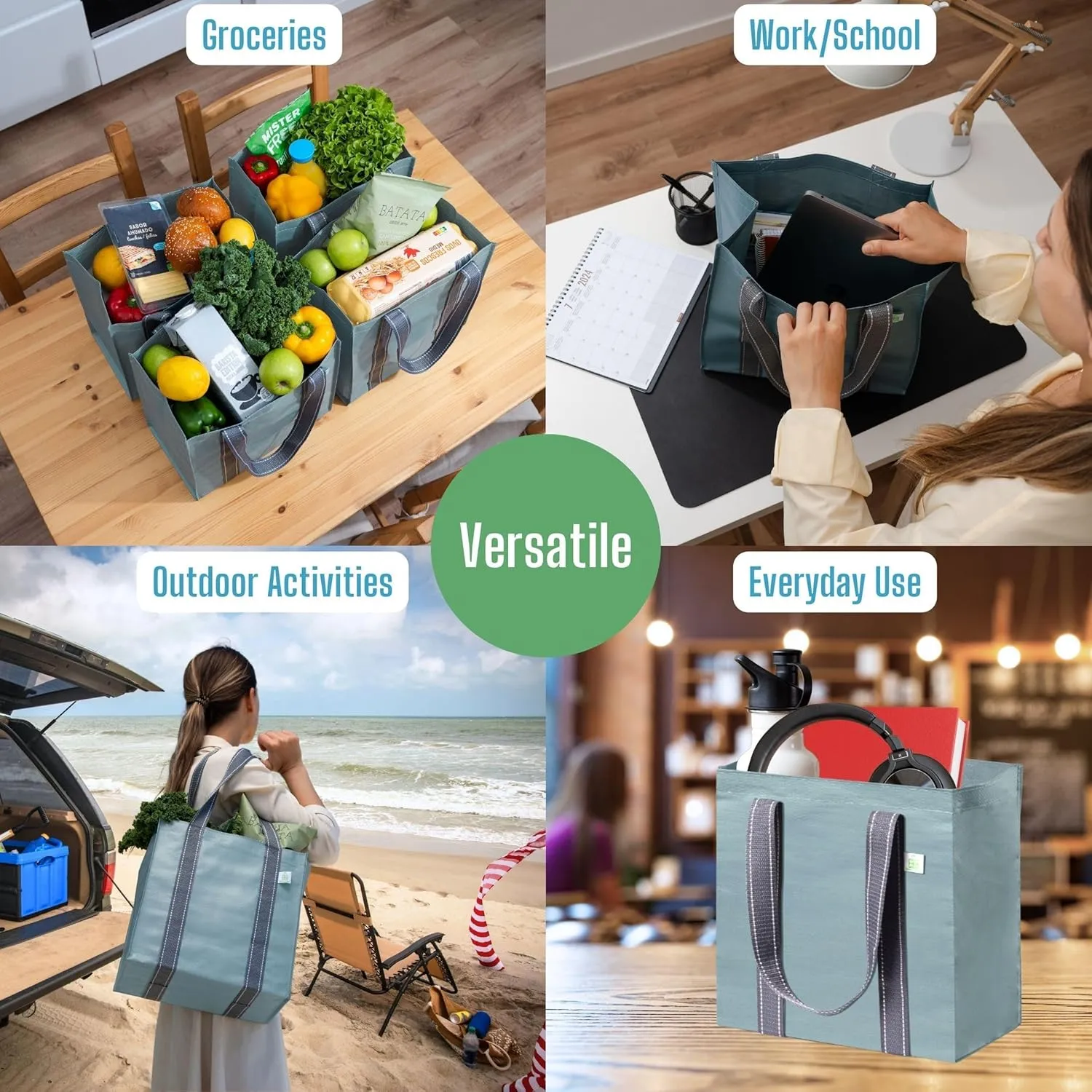 VENO 4 Pack Reusable Grocery Bags Shopping Bags, Medium Tote Bag w/Handle & Hard Bottom, Heavy Duty, Foldable Bag Carrier - Blue