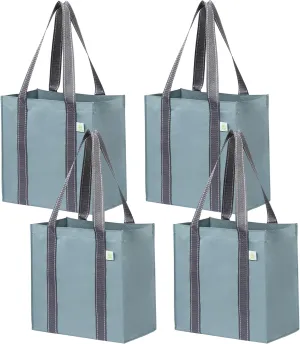 VENO 4 Pack Reusable Grocery Bags Shopping Bags, Medium Tote Bag w/Handle & Hard Bottom, Heavy Duty, Foldable Bag Carrier - Blue