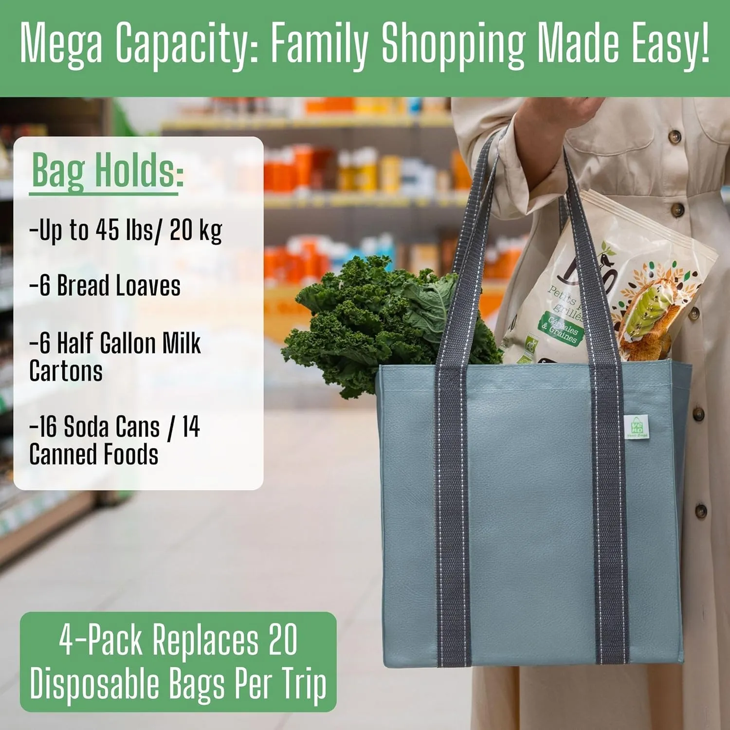 VENO 4 Pack Reusable Grocery Bags Shopping Bags, Medium Tote Bag w/Handle & Hard Bottom, Heavy Duty, Foldable Bag Carrier - Blue