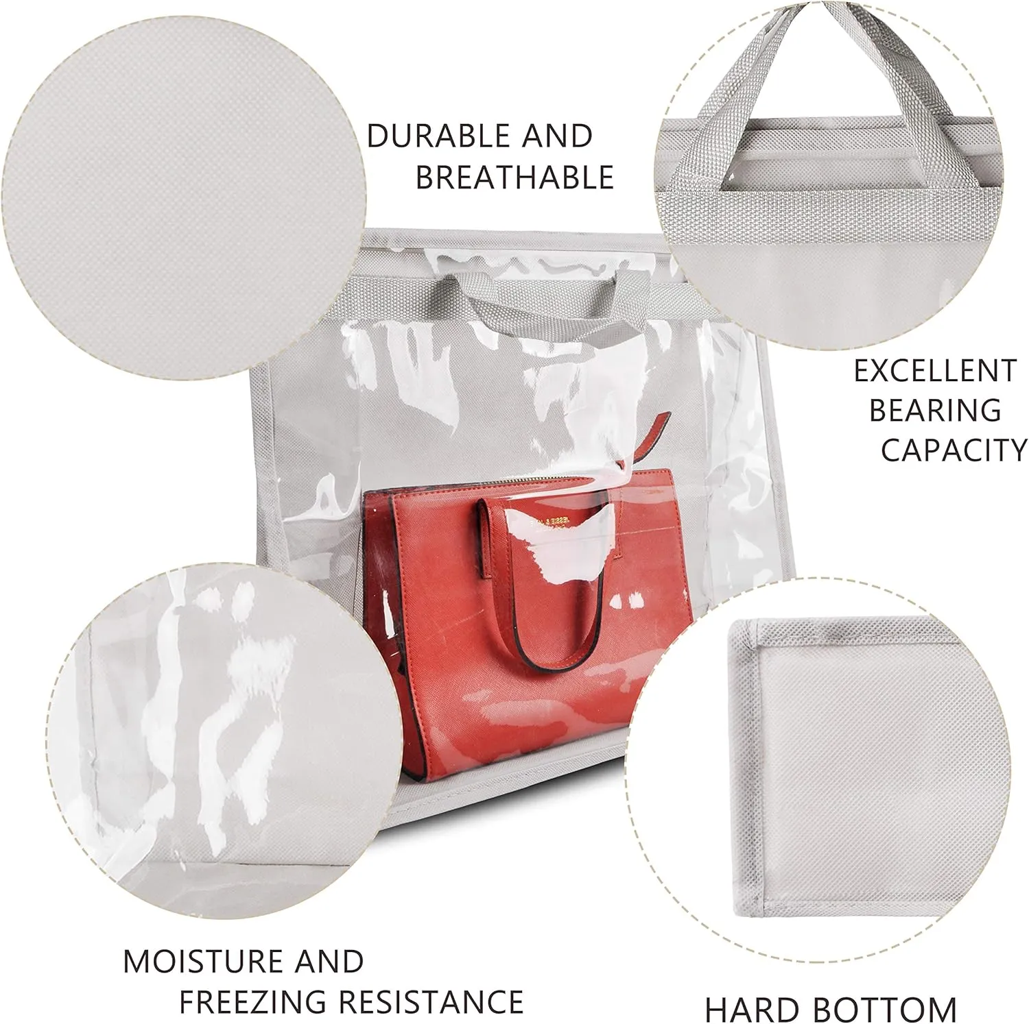 Vercord Clear PVC Handbag Dust-Free Cover Moistureproof Purse Storage Bag Organizer with Handle Zipper Space-Save Holder for Closet Grey Large