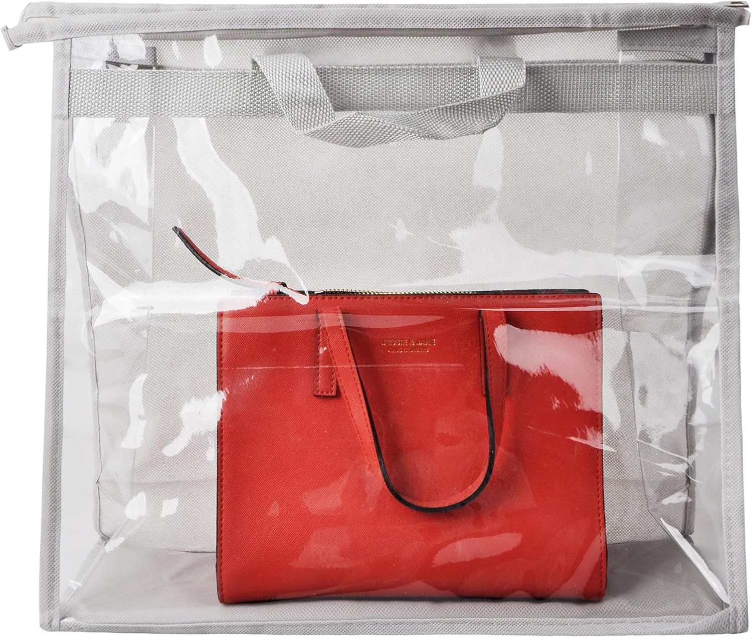 Vercord Clear PVC Handbag Dust-Free Cover Moistureproof Purse Storage Bag Organizer with Handle Zipper Space-Save Holder for Closet Grey Large