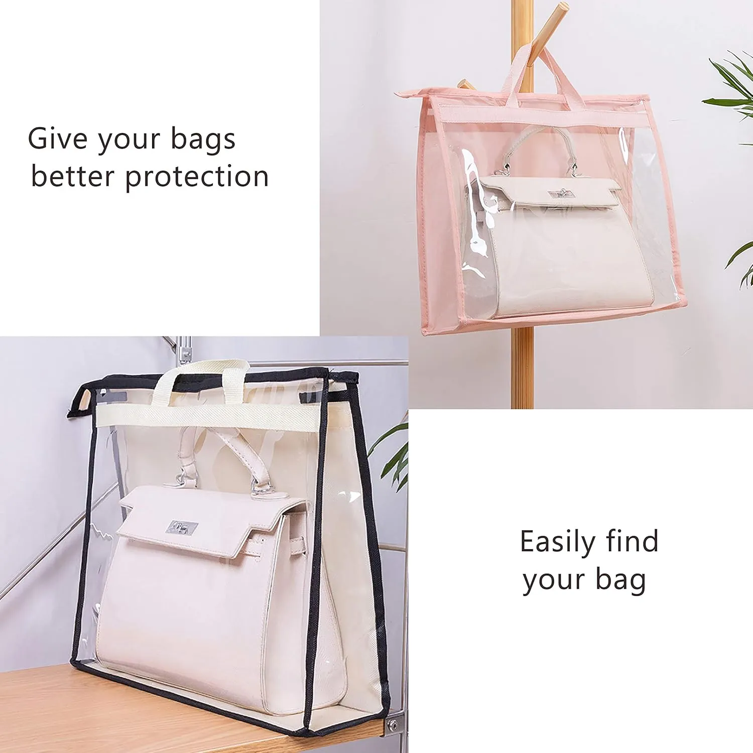 Vercord Clear PVC Handbag Dust-Free Cover Moistureproof Purse Storage Bag Organizer with Handle Zipper Space-Save Holder for Closet Grey Large