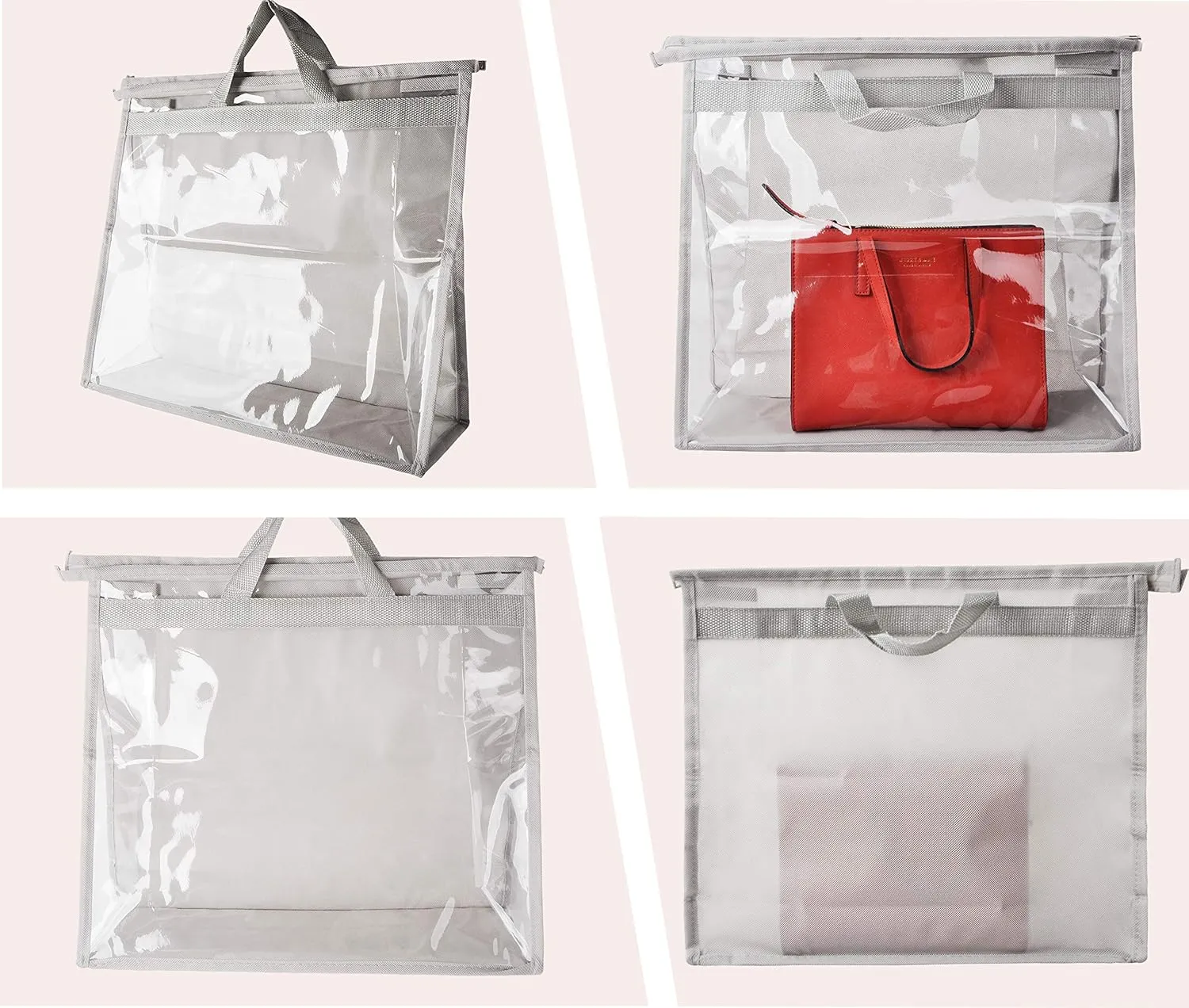 Vercord Clear PVC Handbag Dust-Free Cover Moistureproof Purse Storage Bag Organizer with Handle Zipper Space-Save Holder for Closet Grey Large