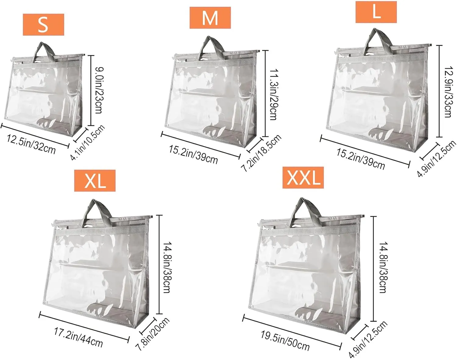 Vercord Clear PVC Handbag Dust-Free Cover Moistureproof Purse Storage Bag Organizer with Handle Zipper Space-Save Holder for Closet Grey Large