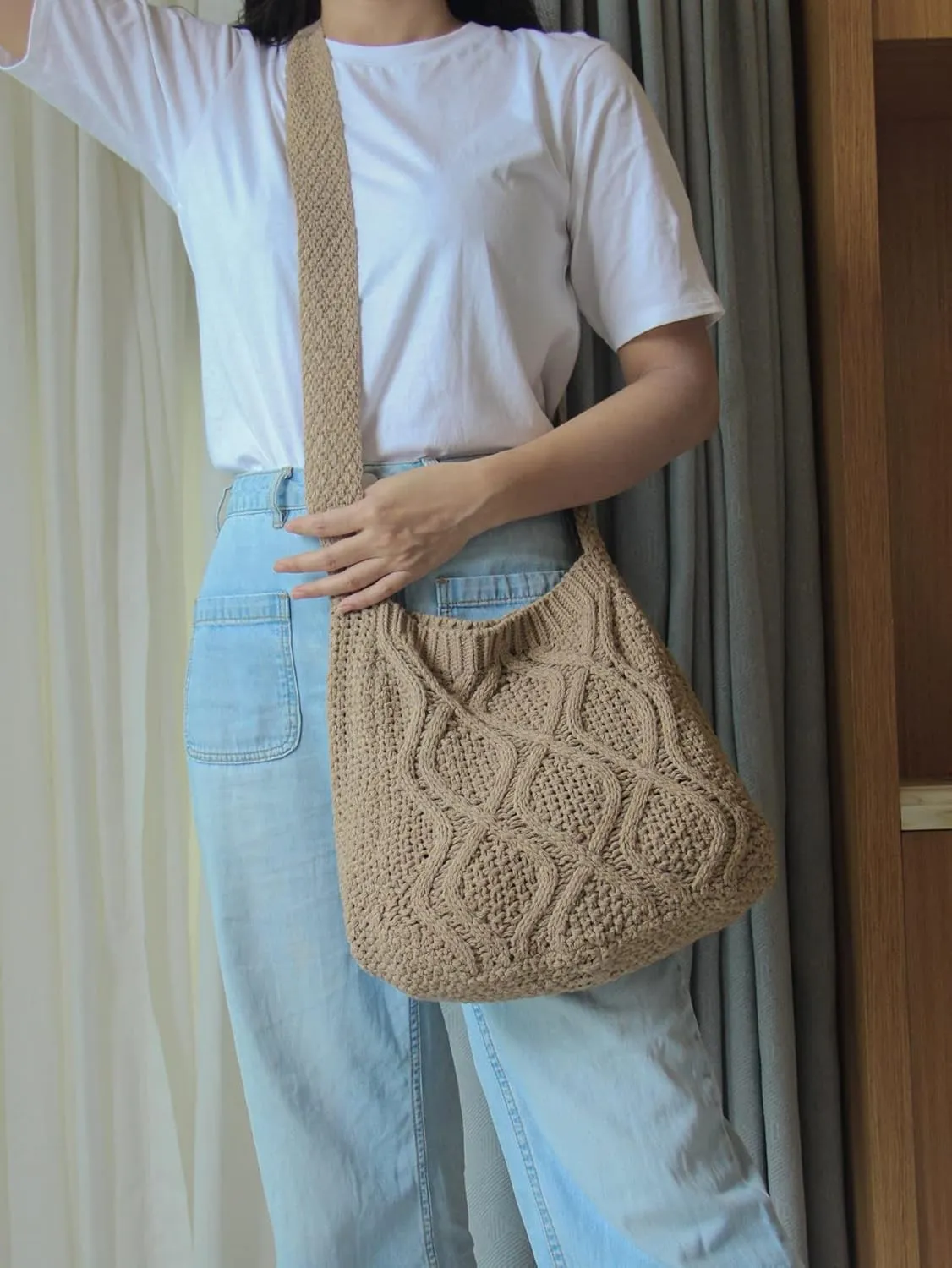 Verdusa Women's Crochet Shoulder HandBags Hobo Knitted Tote Bag Shopping Bags