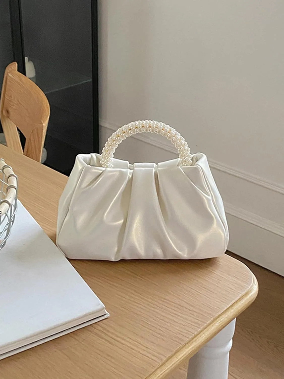Verdusa Women's Evening Purses Pearl Clutch Handbags Leather Ruched Crossbody Bag