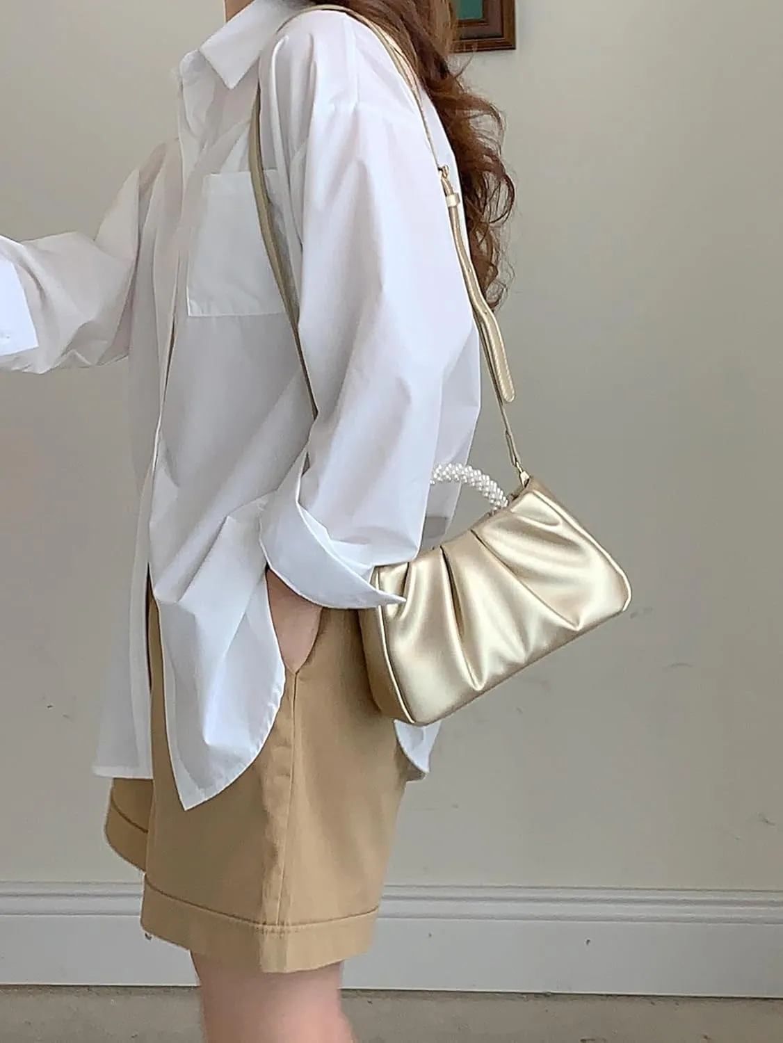 Verdusa Women's Evening Purses Pearl Clutch Handbags Leather Ruched Crossbody Bag