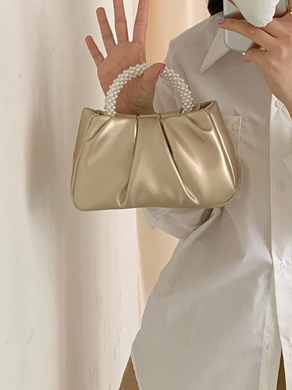 Verdusa Women's Evening Purses Pearl Clutch Handbags Leather Ruched Crossbody Bag