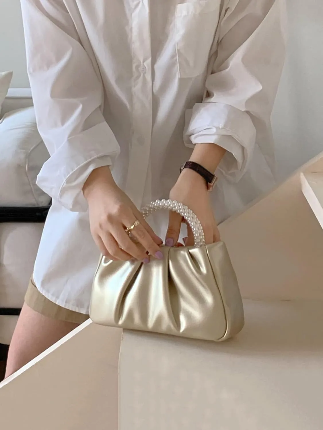 Verdusa Women's Evening Purses Pearl Clutch Handbags Leather Ruched Crossbody Bag