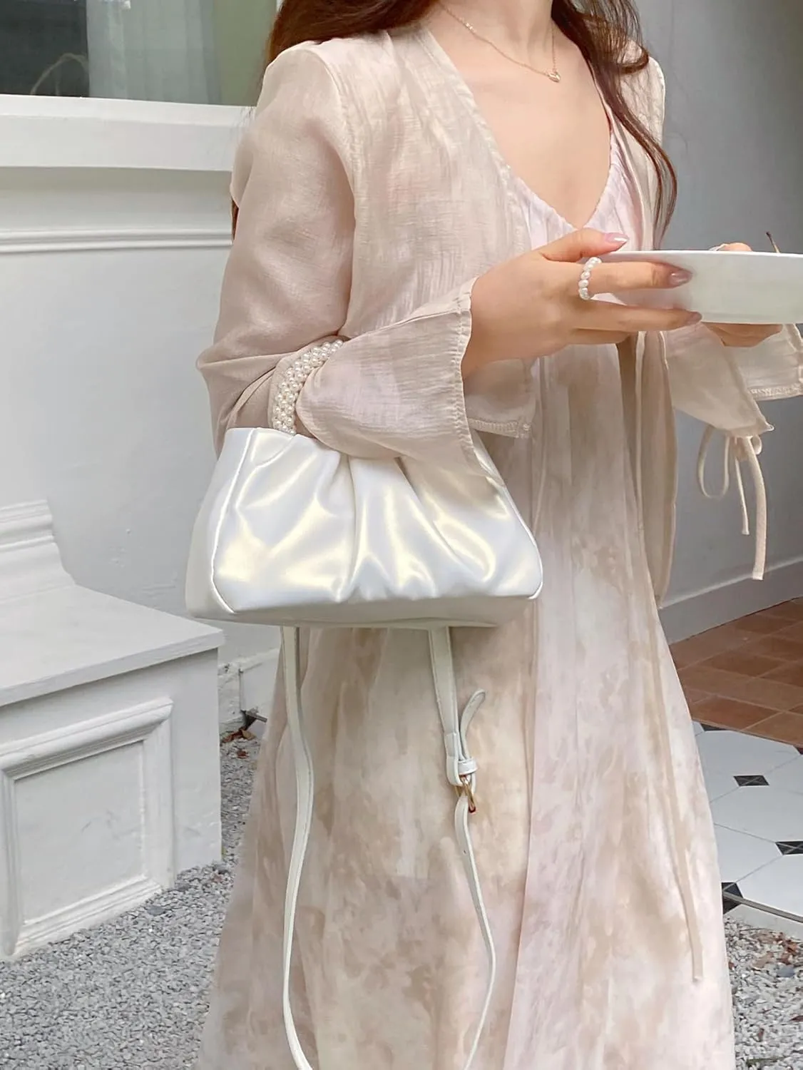 Verdusa Women's Evening Purses Pearl Clutch Handbags Leather Ruched Crossbody Bag