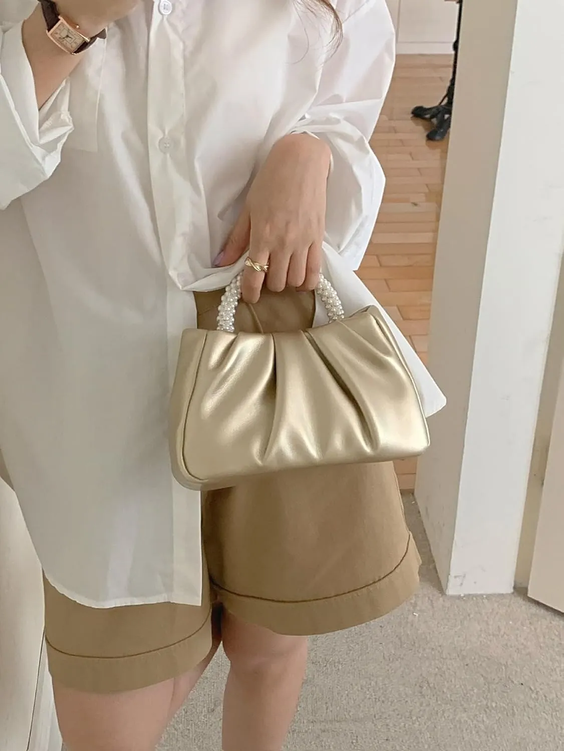 Verdusa Women's Evening Purses Pearl Clutch Handbags Leather Ruched Crossbody Bag