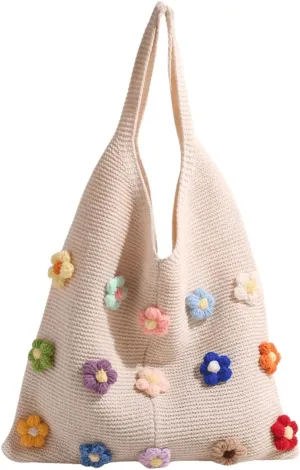 Verdusa Women's Flower Applique Knitted Shoulder Bag Hobo Tote Bags Casual Handbag