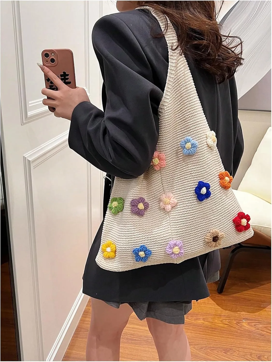 Verdusa Women's Flower Applique Knitted Shoulder Bag Hobo Tote Bags Casual Handbag