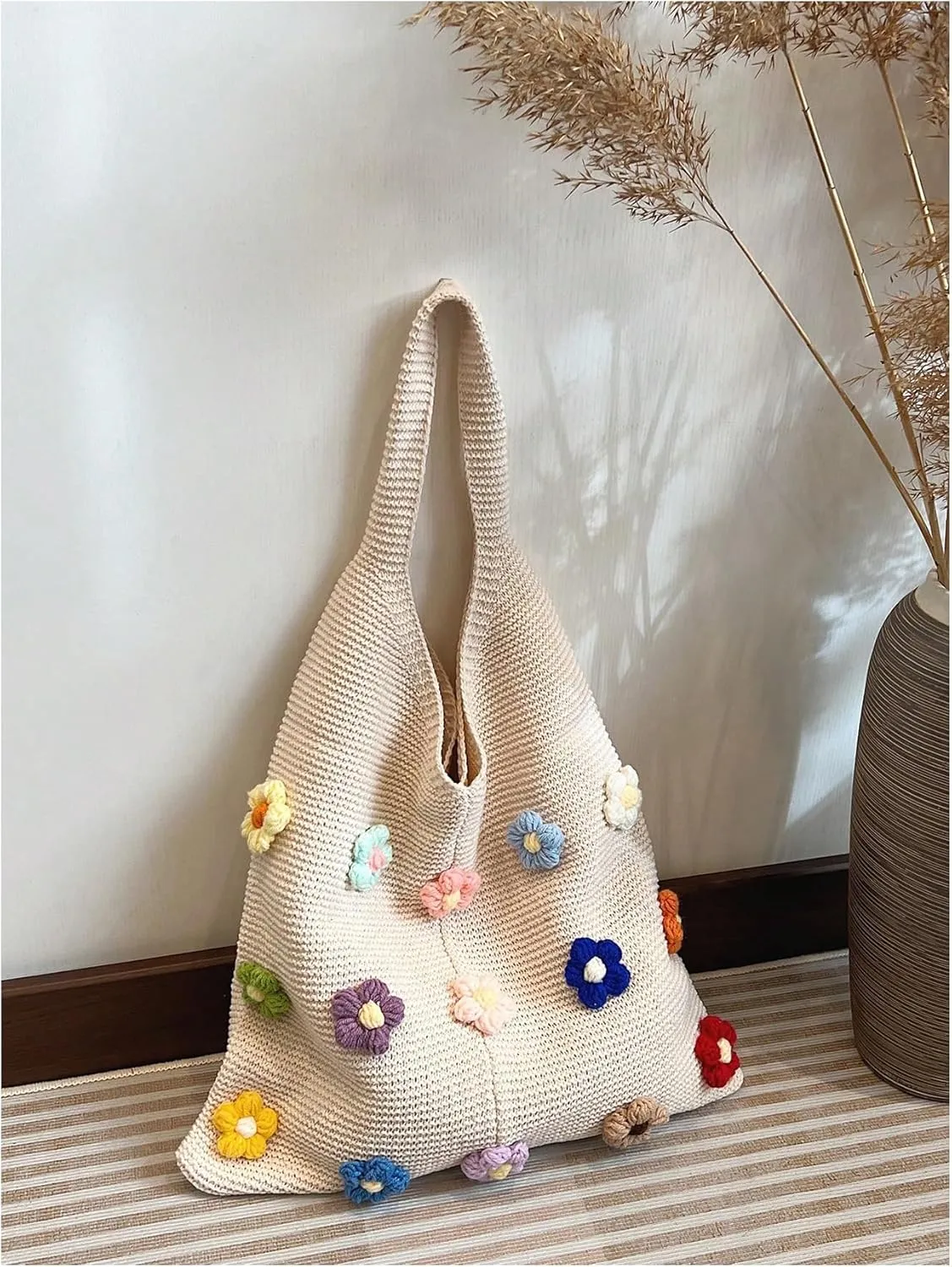 Verdusa Women's Flower Applique Knitted Shoulder Bag Hobo Tote Bags Casual Handbag