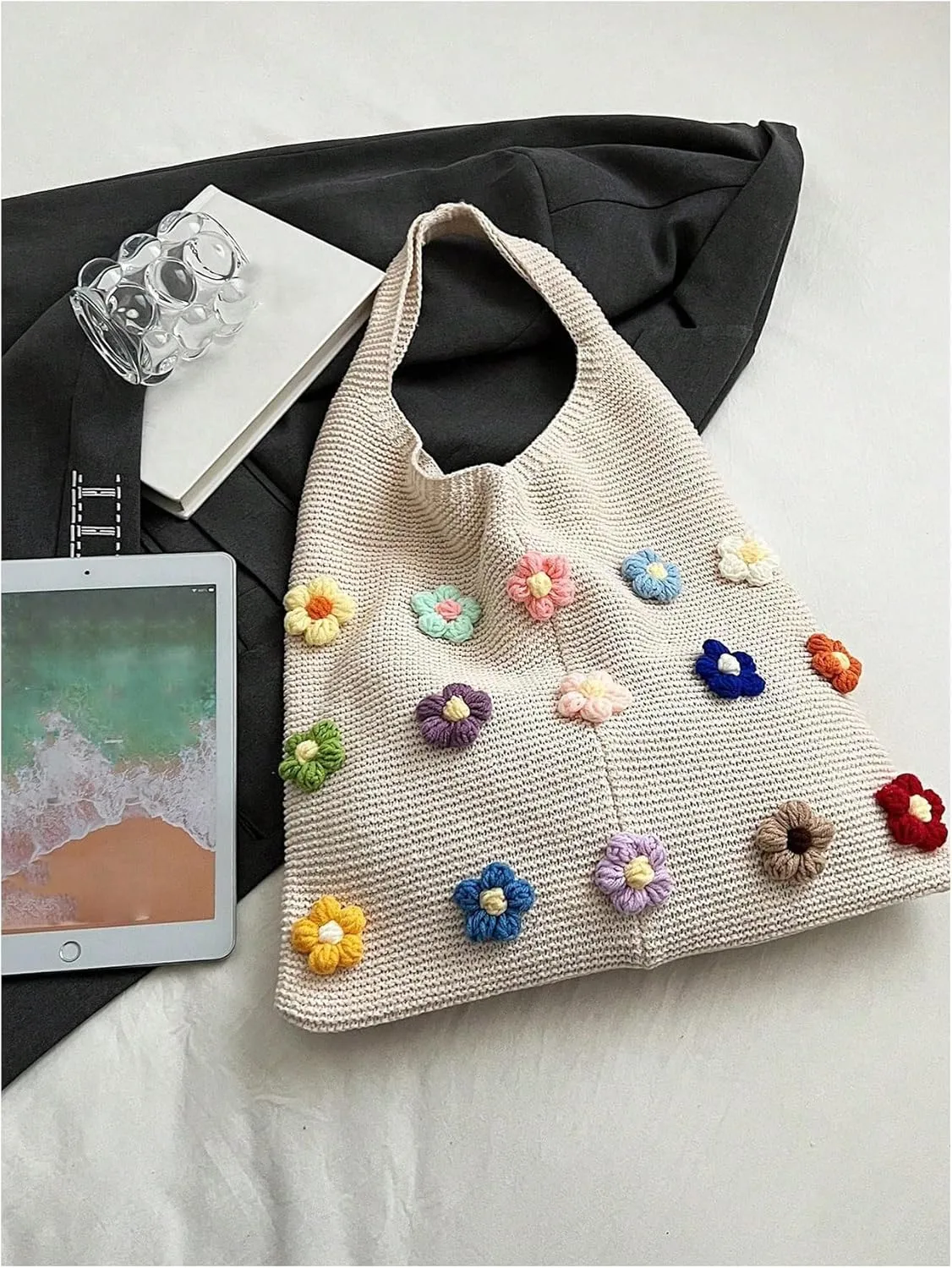 Verdusa Women's Flower Applique Knitted Shoulder Bag Hobo Tote Bags Casual Handbag