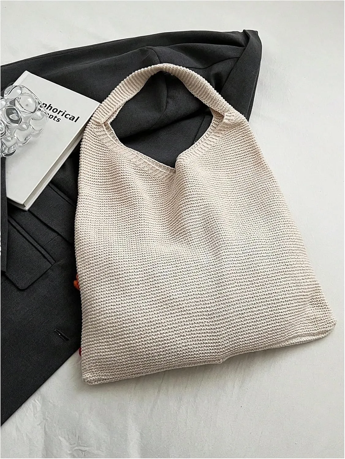 Verdusa Women's Flower Applique Knitted Shoulder Bag Hobo Tote Bags Casual Handbag