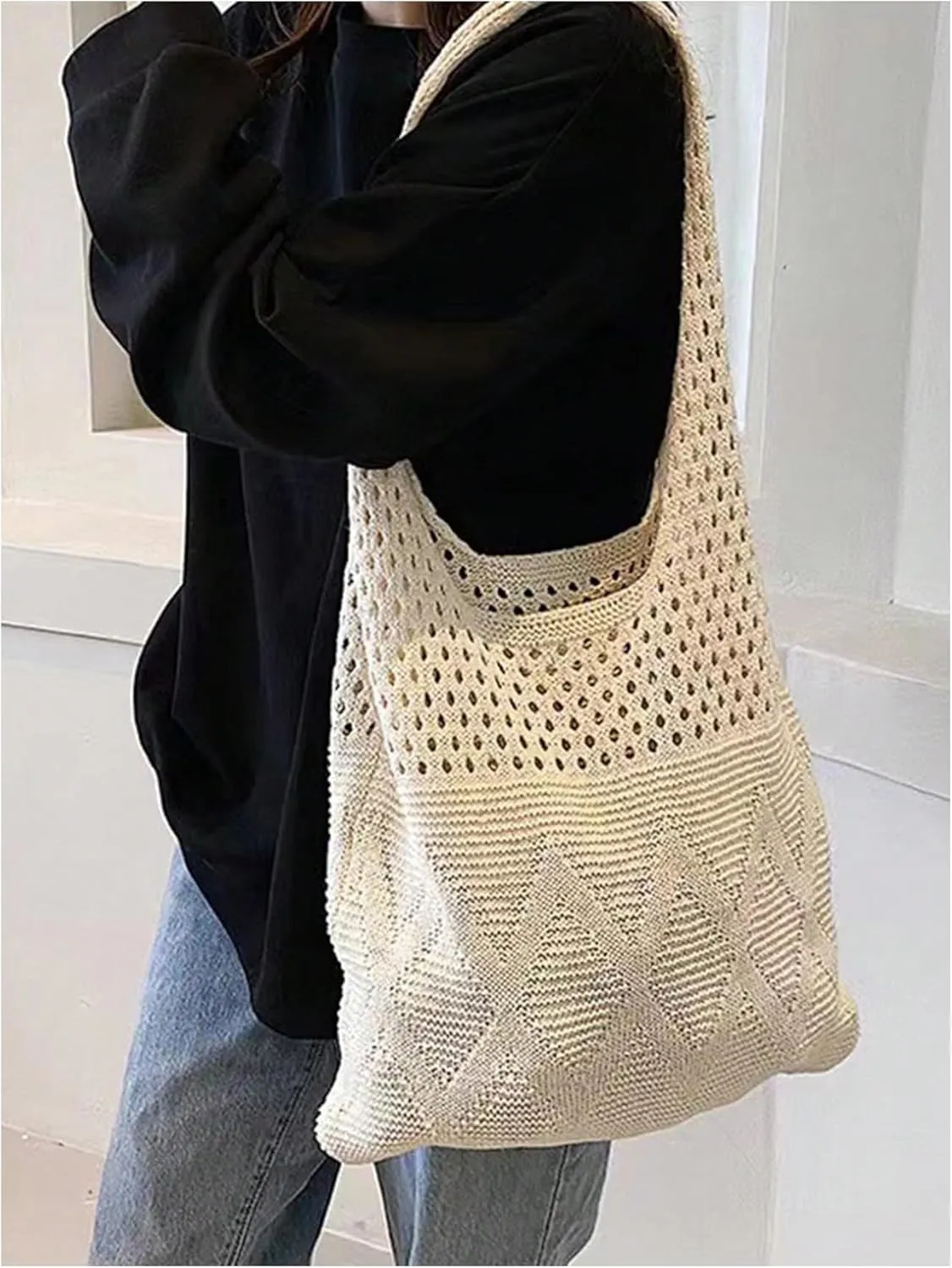 Verdusa Women's Knitted Crochet Shoulder Bags Casual Hobo Tote Bag Shopping Bags