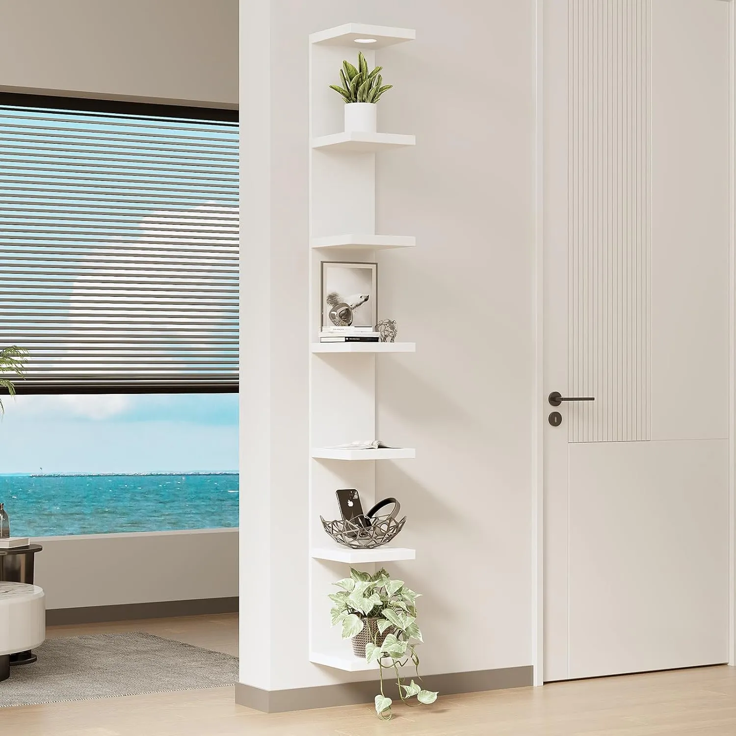 Versatile 7 Tier Wall Shelf Unit,White Lack Wall Shelf,Display Floating Shelf with LED Remote Control Light